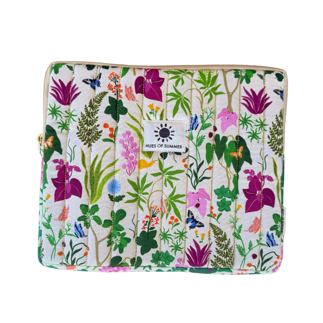 Bugs and Bloom Sleeve – gold-quilted padded tablet sleeve | Hues of Summer