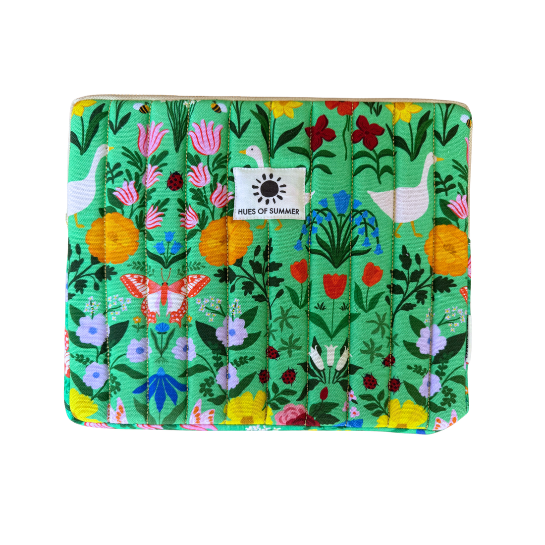 Garden Reverie Sleeve – gold-quilted padded tablet sleeve | Hues of Summer