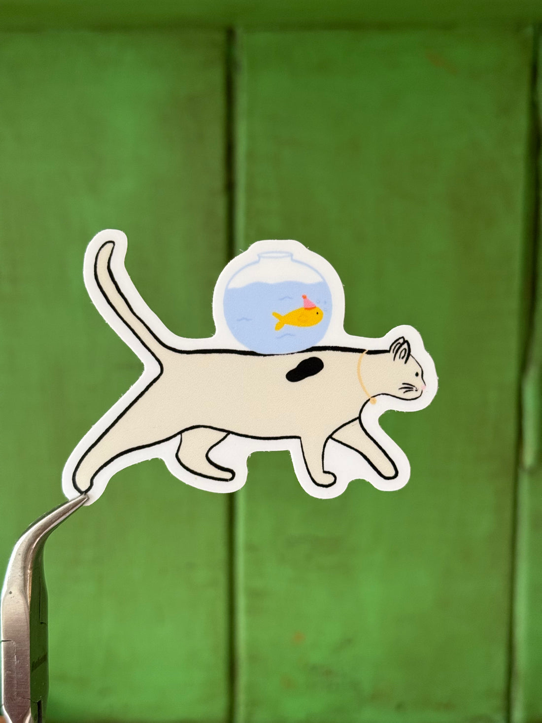 Cat and Fish Sticker – die-cut illustrated sticker | Hues of Summer