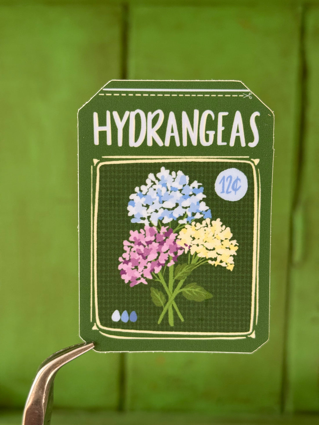 Hydrangea Seed Pack Sticker – die-cut illustrated sticker | Hues of Summer