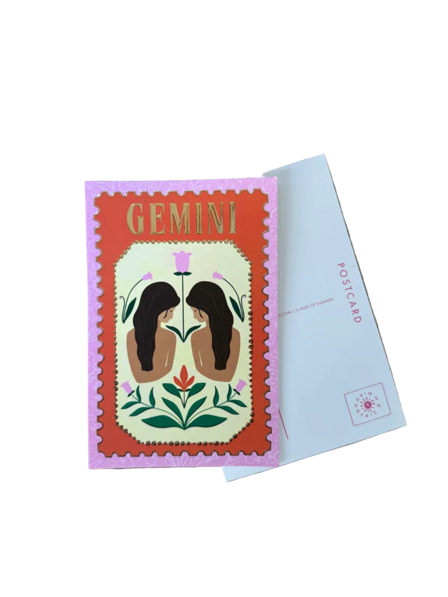 A Gemini-themed postcard featuring an illustration of two women facing each other with the word &