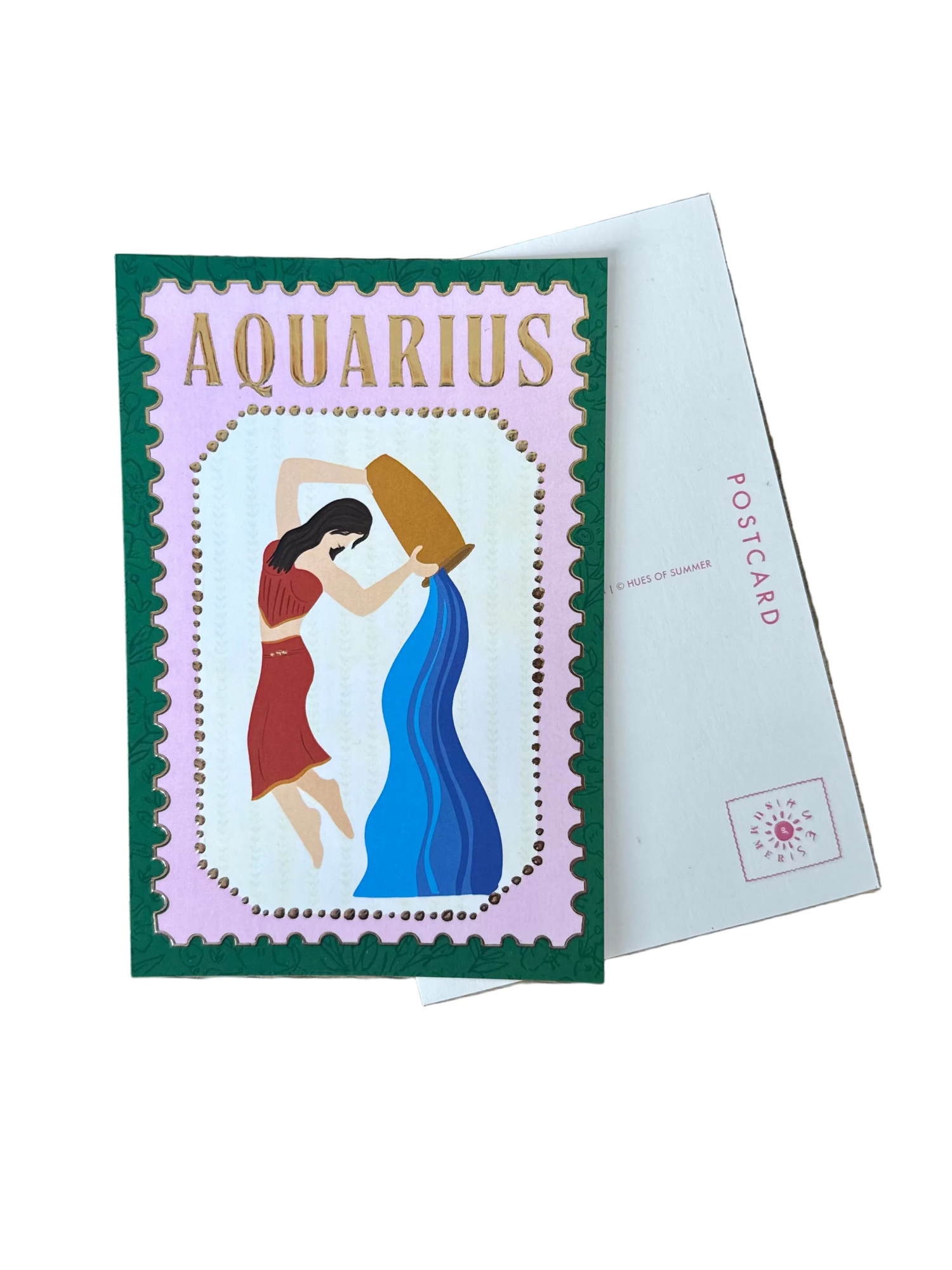 An Aquarius-themed postcard with a colorful illustration of two women and the word &