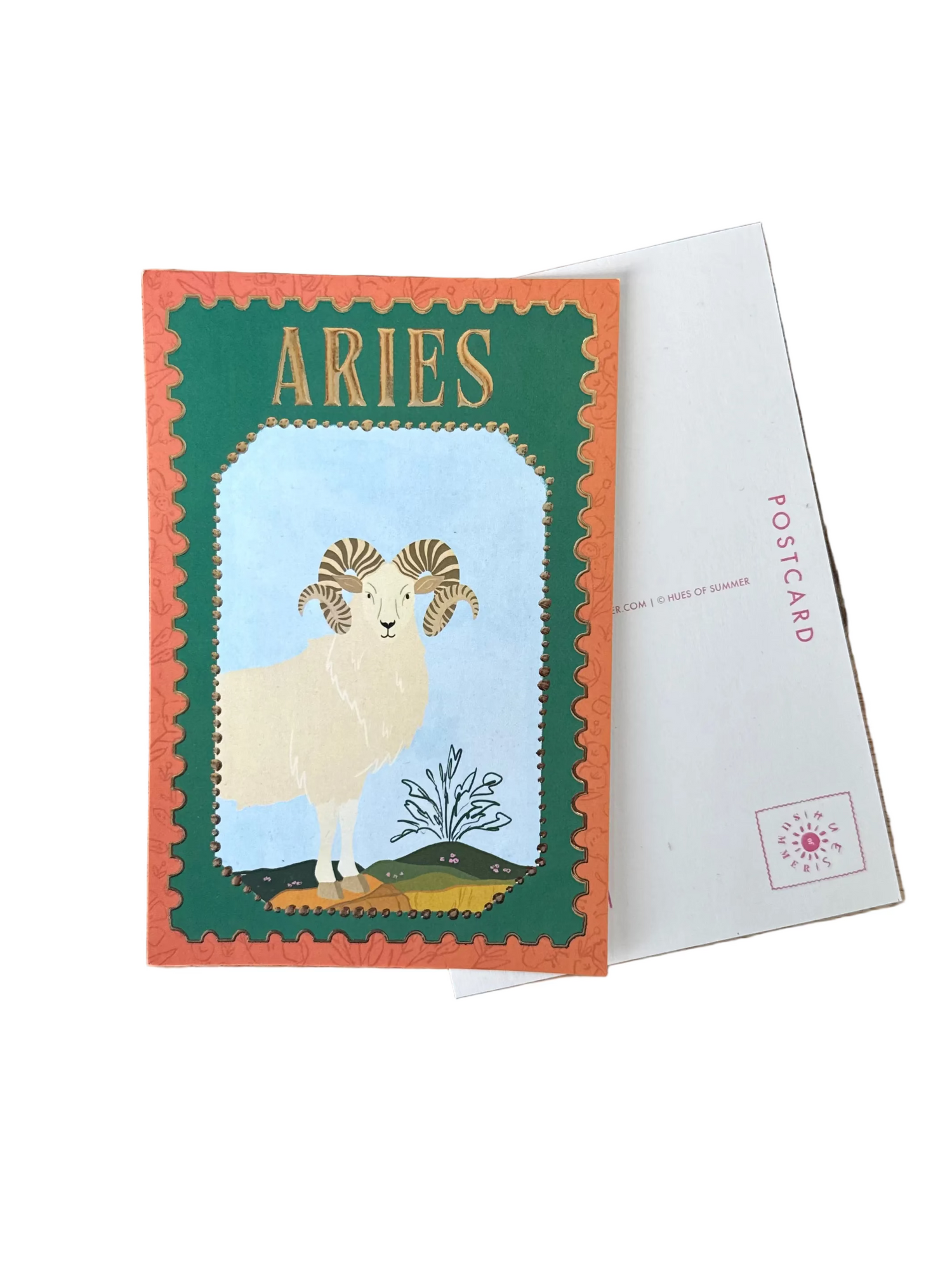 A rectangular Aries-themed postcard featuring a stylized ram illustration with the word &
