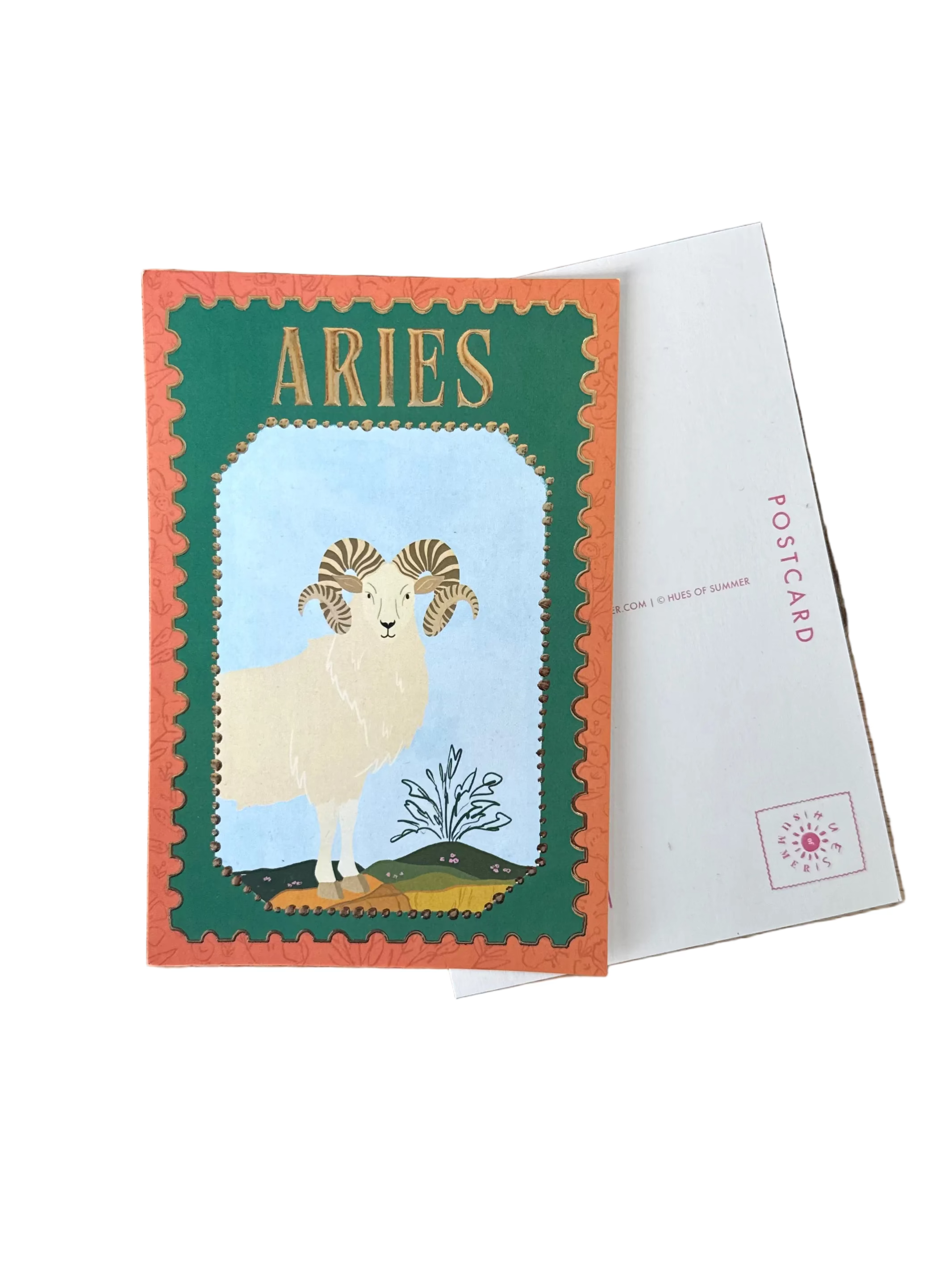 A rectangular Aries-themed postcard featuring a stylized ram illustration with the word &