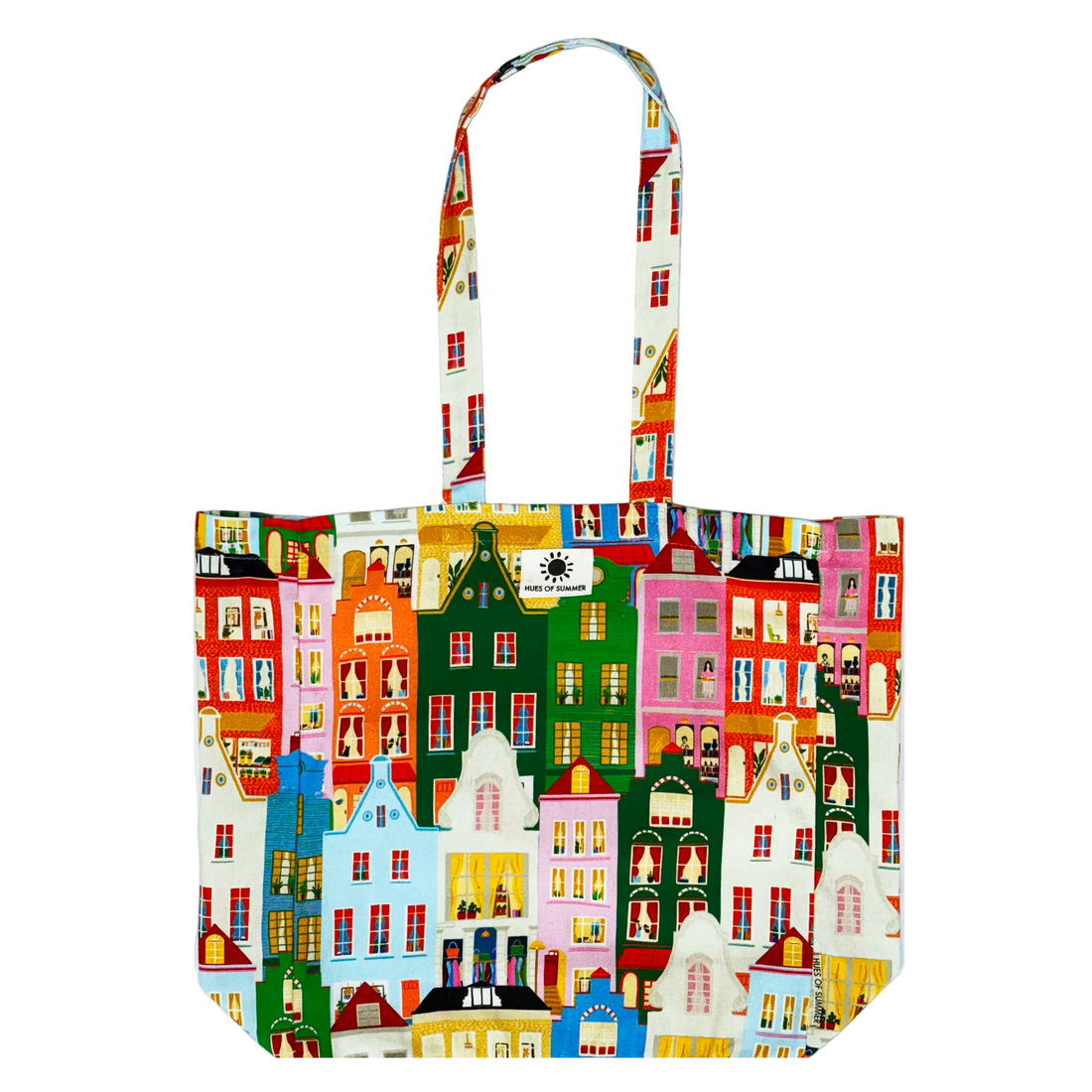 Amsterdam Canal tote bag laid flat, front view on a white background