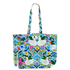 Lake Side Swans tote bag laid flat, showing two white swans among florals on light blue fabric