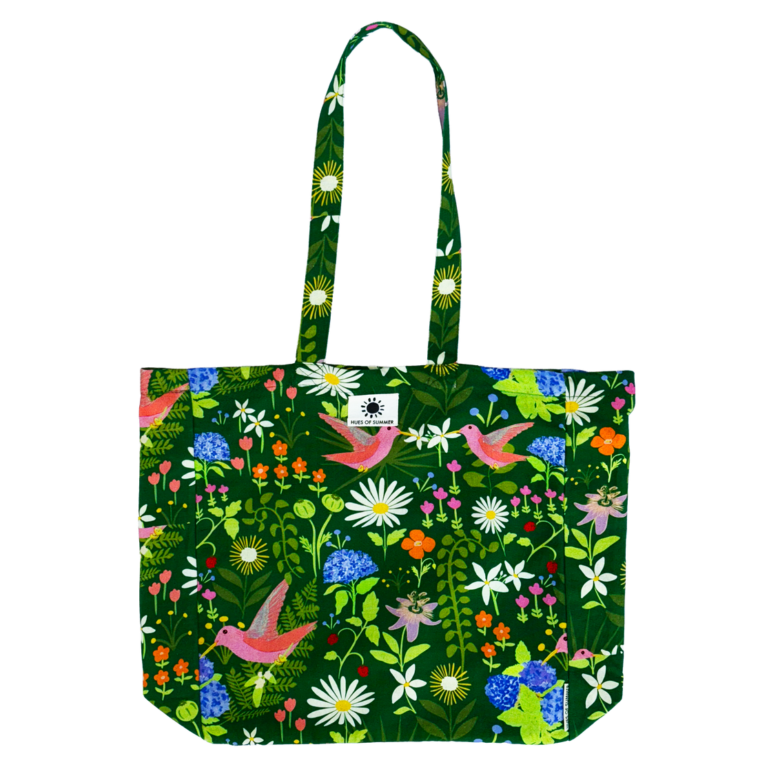 Hummingbird Orchard tote bag laid flat, front view on a white background